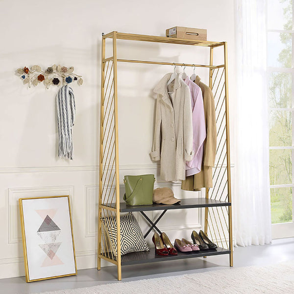 English Elm Gold Gold and Black Hall Tree with Two-Tier Shelves, Hanging Rail, Metal Frame for Entryway Decor B062P191051