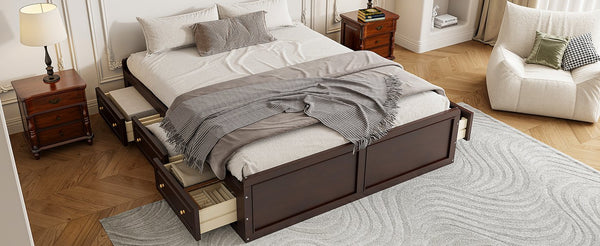 English Elm Wood Queen Size Platform Bed Frame with 6 Drawers for Storage, Sturdy Pine/MDF Slat System, 500lb Capacity Espresso N709P241723P