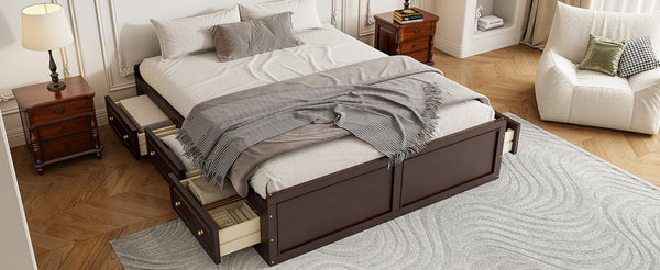 English Elm Wood Queen Platform Bed Solid Pine Frame Six Storage Drawers No Box Spring Needed Espresso N709P241723P-1