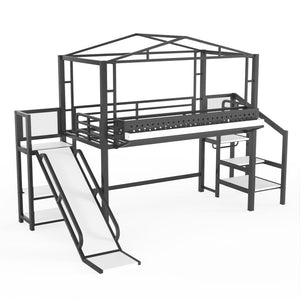 English Elm Twin Metal Loft Bed with Built-in Wardrobe Storage Stairs Led Lights and Usb Ports W5316S00045