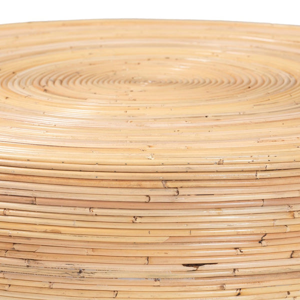 English Elm Laminated Rattan Round Coffee Table Handcrafted Drum Silhouette for Bohemian Living B2750P467866