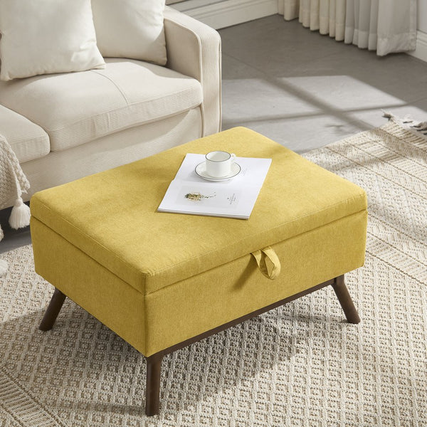 English Elm Mid-century square storage bench with solid wood frame, microfiber upholstery, versatile ottoman seat and tabletop functionality for living room and entryway appeal Yellow W1539P269657