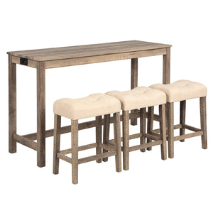 English Elm 4-Piece Bar Table Set With Power Outlet & 3 Padded Stools - Stylish Dining & Work Solution For Small Spaces W1998P193826