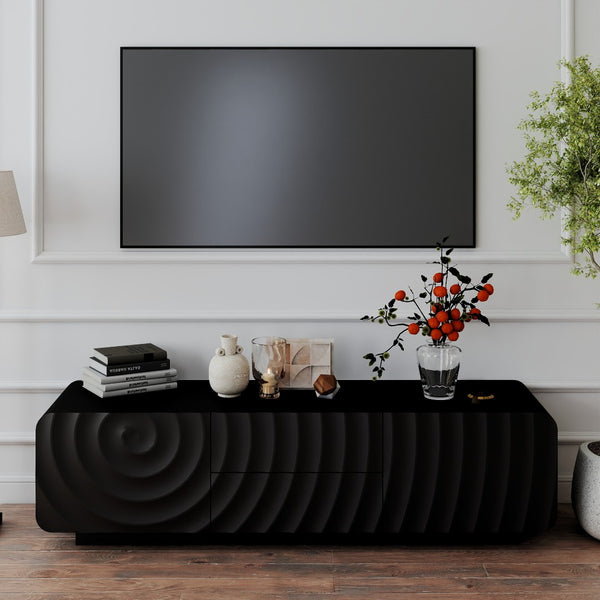 English Elm 58''tv Console Sculpted Spiral Wave Relief Walnut Mid-century Media Stand with Storage Black W2263P412355