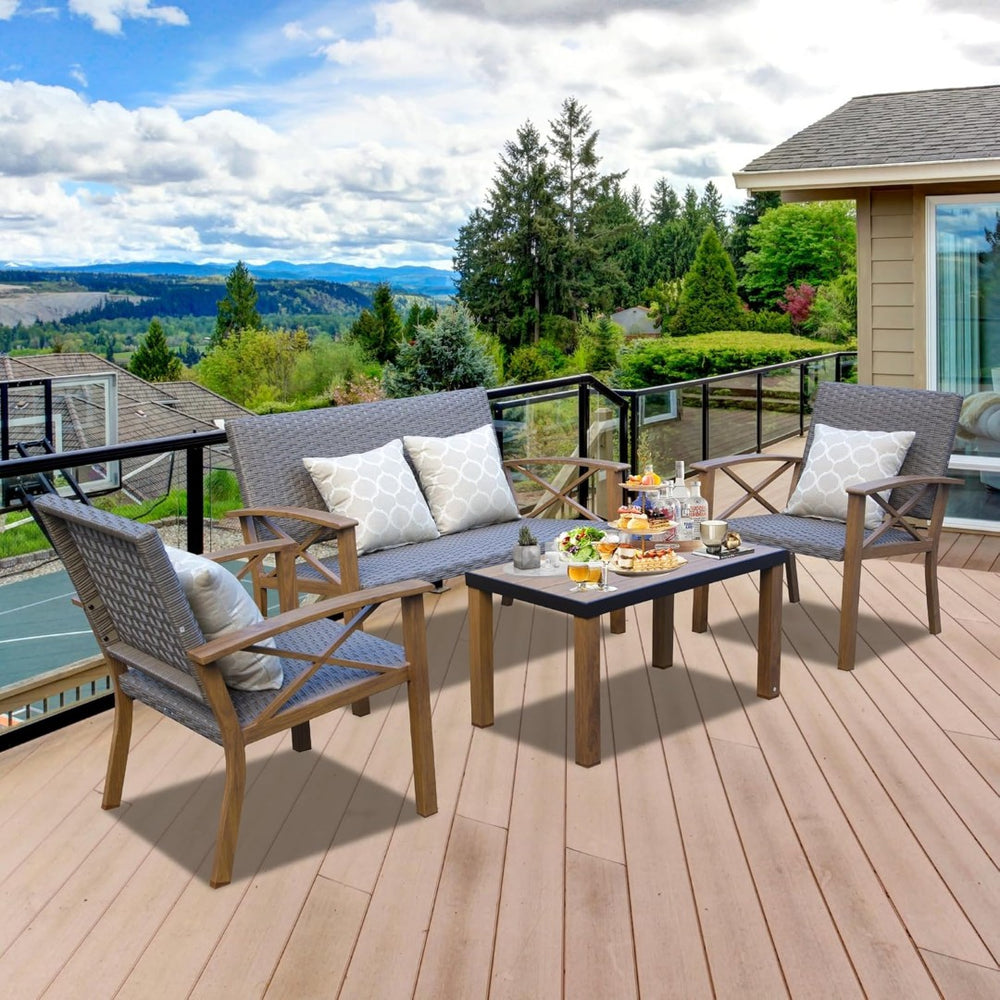 English Elm Aluminum Outdoor Conversation Set Pe Wicker 4 Piece Patio Sofa with Quick Dry Cushions W1859S00179