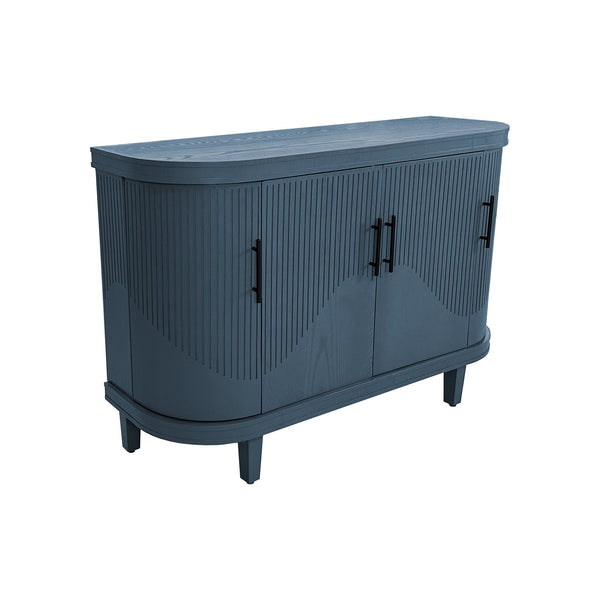 English Elm Modern Curved Sideboard Solid Wood Console Table with 4 Doors, Adjustable Shelves & Zinc Handles for Living Room Storage Scandi Style, Durable 220lb Top Capacity Blue W757P190337