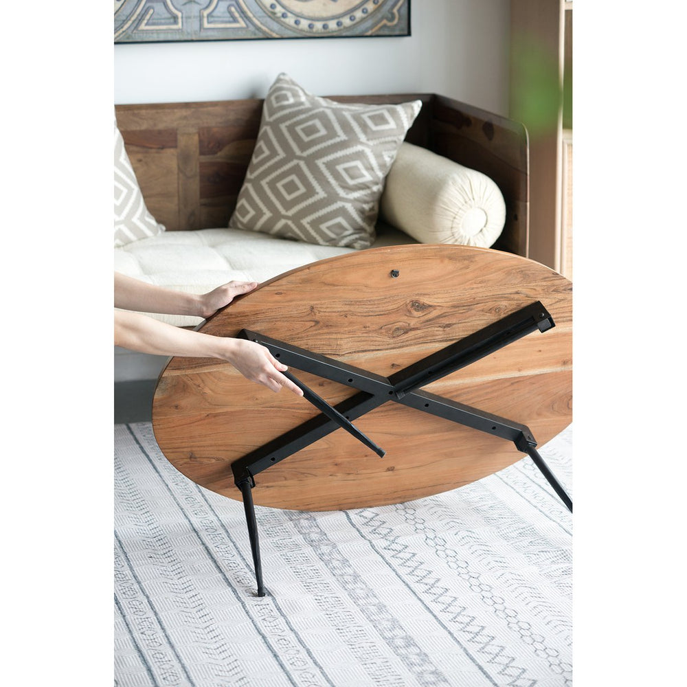 English Elm 39x26x16" Oval Coffee Table - Acacia Wood Top & Iron Base, Natural Finish, Sleek Mid-Century Modern Accent for Living Room (Durable) W2078P180410