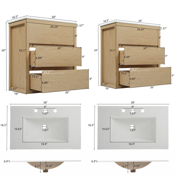 English Elm Christopher Knight Home® - 60" Double Sinks Bathroom Vanity Set with Two Ceramic Basins, Soft-Close Drawers, Sleek Handle-Free Design Natural Wood N817P280550N