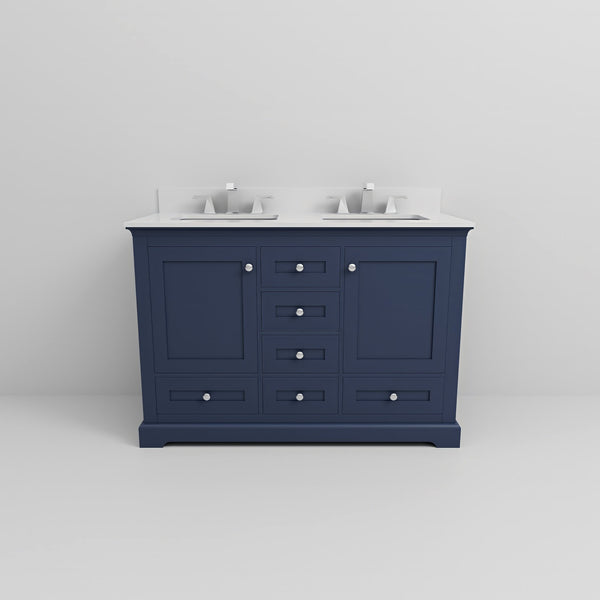 English Elm Navy Blue Double Bath Vanity 48" W x 22" D with White Quartz Top, Soft-Close Drawers & Chrome Faucet Set B2731P258334