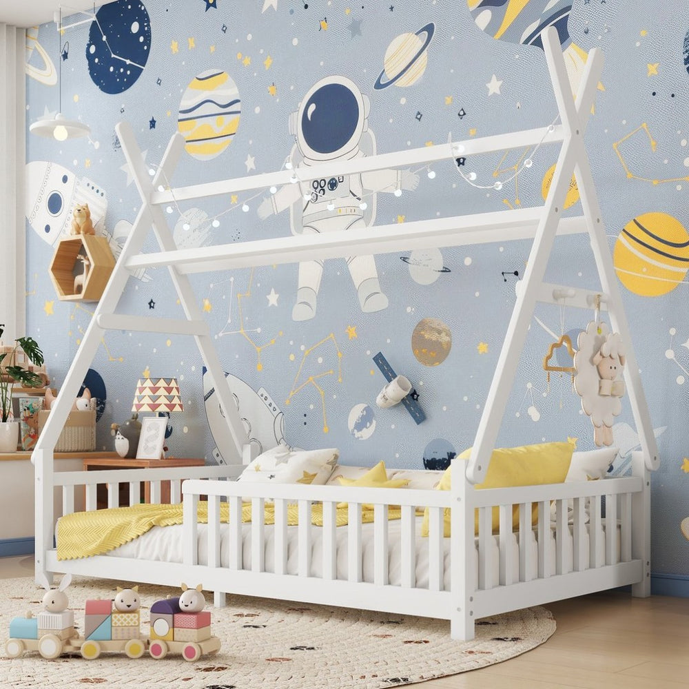 English Elm Twin Montessori Floor Bed House Frame with Led Lighting and Safety Rails for Kids White W2593P440571