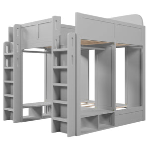 English Elm Triple Bunk Bed Wood Frame with Built in Shelves Hooks for Shared Kids Rooms Gray N7090004027E