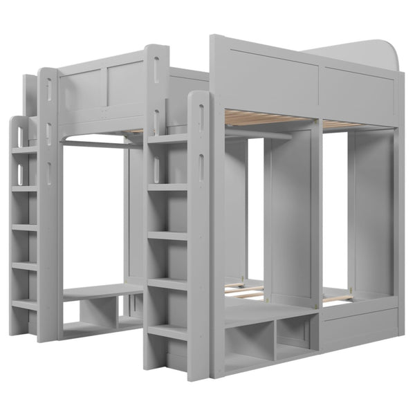 English Elm Triple Bunk Bed Wood Frame with Built in Shelves Hooks for Shared Kids Rooms Gray N7090004027E