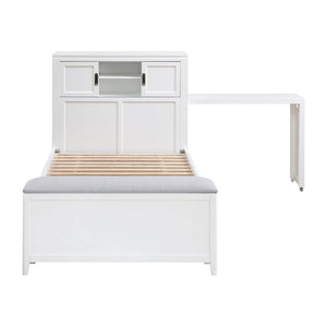 English Elm Gray Twin Platform Bed with Bookcase Headboard Hidden Desk Stool and Footboard Bench White B011S02324