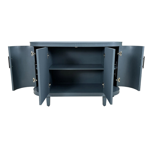 English Elm Modern Curved Sideboard Solid Wood Console Table with 4 Doors, Adjustable Shelves & Zinc Handles for Living Room Storage Scandi Style, Durable 220lb Top Capacity Blue W757P190337
