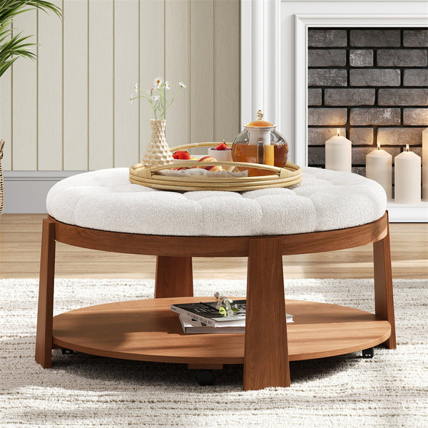 English Elm Modern Round Oversized Ottoman Coffee Table with Button Tufting, Waterproof Linen, Wheels & Lower Wood Shelf for Storage and Seating Ivory White N735P180224K