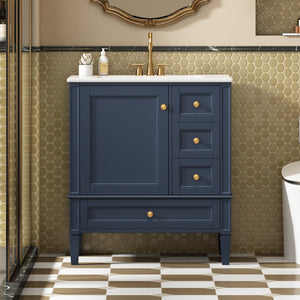 English Elm 30 30 Inch Bathroom Vanity with Ceramic Sink, Modern Compact 3-Drawer Storage Cabinet for Small Baths Blue N710P247499C