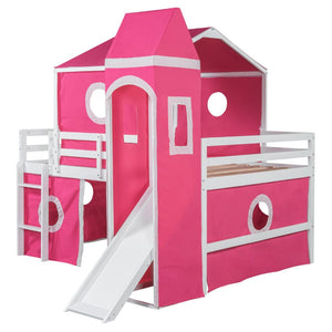 English Elm Full Size Kids Castle Loft Bed with Slide Tent and Tower Pinewood Play Structure LT000771AAH-1