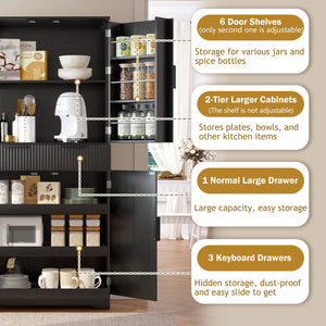 English Elm 72" Fluted Kitchen Pantry Cabinet with Anti-Tilt Stabilizers, Triple-Fold Hinges, Spice Door Racks and Deep Storage Black W2917P294985