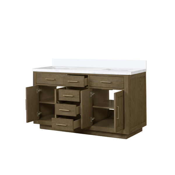 English Elm Grey Oak Double Bath Vanity 60" W X 22" D With Elegant White Quartz Top And Ample Storage Solutions B2731P257745