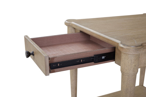 English Elm Sand Sand Finished End Table with Storage Drawer, Solid Wood + MDF, Transitional Casual Design, Shelf B2699P218289