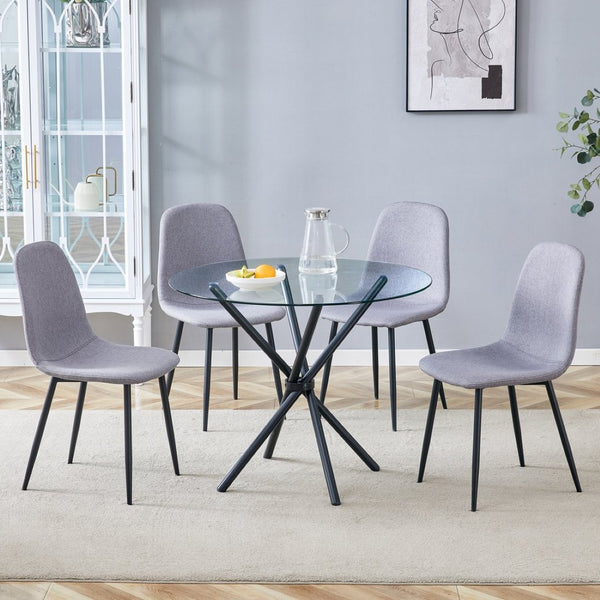 English Elm Table Set With Modern Transparent Glass Top & 4 Light Gray Linen Dining Chairs For Stylish Spaces W1151S03669-GIGA