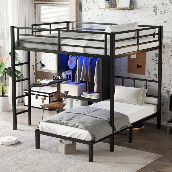 English Elm Full Xl Over Twin Metal Bunk Bed With Foldable Desk, Led Closet & Noise Reduction - Space Saver! W1580S00113