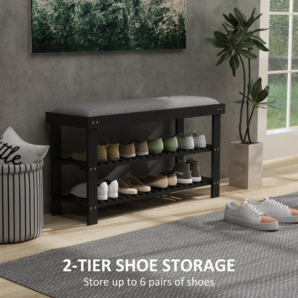 English Elm Entryway Bamboo Shoe Storage Bench with Padded Seat and Two Tier Slatted Shelf T3971P430917