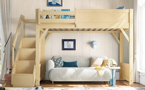 English Elm Twin Low Loft Bed Solid Pine Frame Kids Study Desk Blackboard Storage White Natural W1580S00547