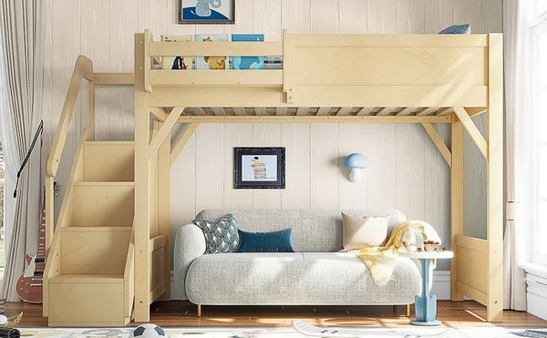 English Elm Twin Low Loft Bed Solid Pine Frame Kids Study Desk Blackboard Storage White Natural W1580S00547