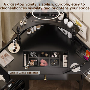 English Elm Corner Vanity Desk Set with Stool Charging Station Glass Top Pull-Out Cabinet Jewelry Organizer Black 35.82 L x 32 W x 8 H N733P336237B