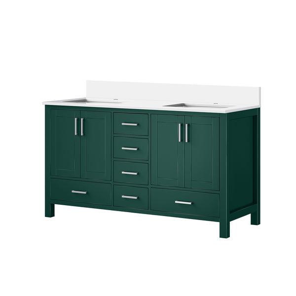 English Elm Green Double Bath Vanity 60in W x 22in D with Cultured Marble Top, Solid Wood, Soft-Close Drawers B2731P259095