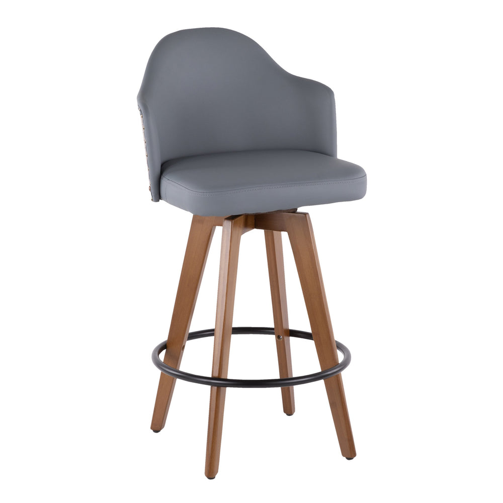 English Elm Ahoy Mid-Century Counter Stool Walnut Frame with Faux Leather Upholstery and 360° Swivel Comfort Grey B202P222359