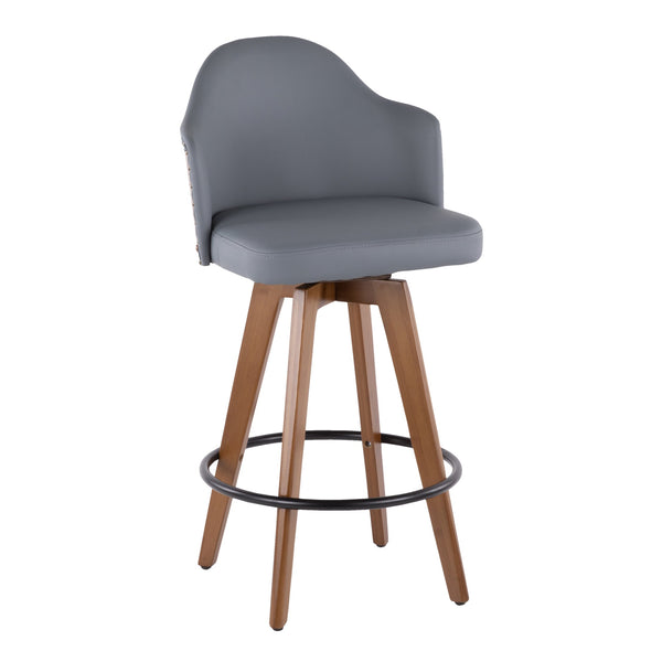 English Elm Ahoy Mid-Century Counter Stool Walnut Frame with Faux Leather Upholstery and 360° Swivel Comfort Grey B202P222359