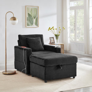English Elm Comfortable Fluffy Corduroy Lazy Sofa with Storage Ottoman, Convertible Arm Table and USB Charging Black W3705P349927