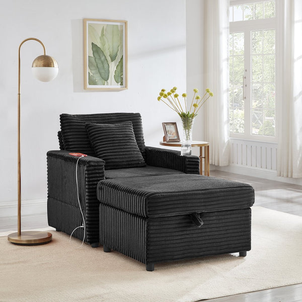 English Elm Comfortable Fluffy Corduroy Lazy Sofa with Storage Ottoman, Convertible Arm Table and USB Charging Black W3705P349927