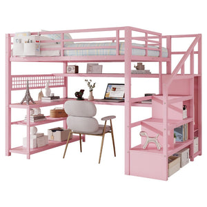 English Elm Full Size Steel Loft Bed with Staircase Storage Wardrobe Desk and Led Lighting Pink W2593S00077