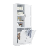 English Elm Bathroom Storage Cabinet With Doors and Drawers, Tilt-Out Laundry Hamper, Multiple Storage Space, Freestanding Style, Open Shelve, Adjustable Shelf, White (Old Sku:Wf530560Aak)