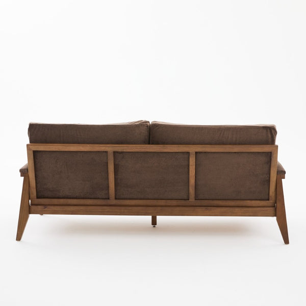 English Elm Mid-century Modern Boucle Upholstered Three Seat Sofa with Walnut Finish Wood Legs Dark Brown N773P411407D