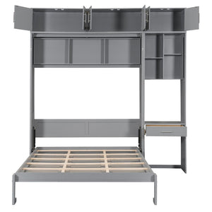 English Elm Queen Murphy Bed with Integrated Desk Cabinet Shelves Space Saving Studio Solution Gray N708S00021E-1