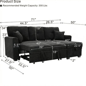 English Elm Sleeper Sectional with Pull Out Bed Reversible Chaise Storage Black Polyester Sofa W5568S00040