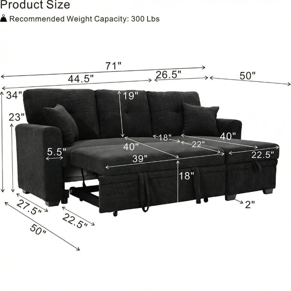 English Elm Sleeper Sectional with Pull Out Bed Reversible Chaise Storage Black Polyester Sofa W5568S00040