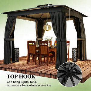 English Elm Canopy Outdoor Gazebo Steel Frame Double Tier Polyester Roof with Mesh Curtain Panels Black,Dark Gray T3971P459069