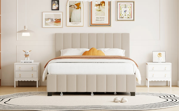 English Elm Queen Tufted Velvet Platform Bed with Storage Drawers and Pull Out Trundle Beige LP000714AAA-1
