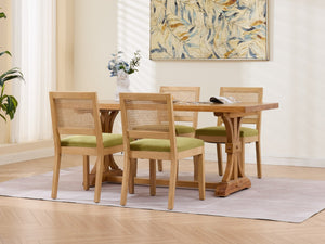 English Elm Farmhouse Rattan Back Dining Chairs Set of 2 with Linen Seat and Hardwood Legs Olive Green W1143P452936