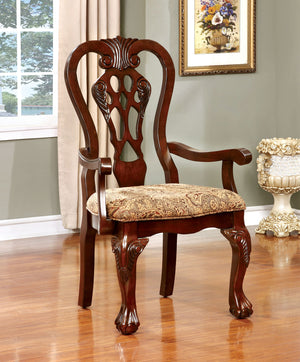 English Elm Formal Classic Set of 2 Arm Chairs Cherry Brown Solid Wood Damask Fabric Padded Seats, Intricate Carved Backs, Ball & Claw Feet B011P248054