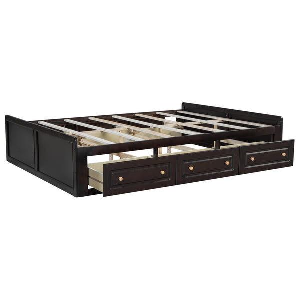 English Elm Wood Queen Size Platform Bed Frame with 6 Drawers for Storage, Sturdy Pine/MDF Slat System, 500lb Capacity Espresso N709P241723P