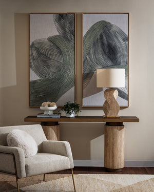 Sunpan ANUSHA Table Lamp - Hand-Carved Solid Travertine Base, Textured Shade & Warm Brass Accents, 30" Tall 112157