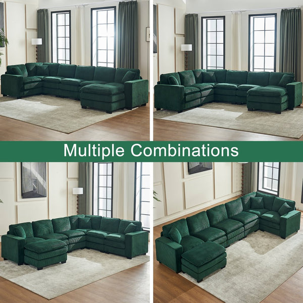 English Elm Modern U Shaped 6-Seat Sectional Sofa with Ottoman and 3 Toss Pillows, Corduroy Modular Comfort and Durable Frame Green W2363S00042