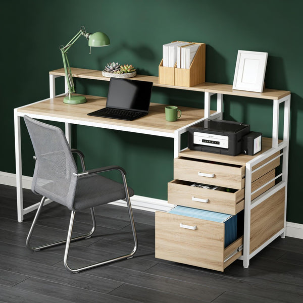 English Elm Sturdy Two-tier Computer Desk with File Cabinet and Monitor Riser for Home Office Natural,White T3971P450935