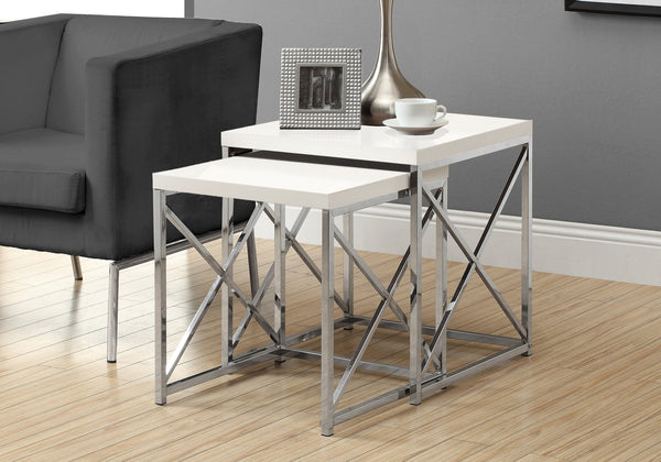 English Elm Nesting Table Set of 2 — Glossy White Laminate with Chrome Frame, Space-Saving Accent Tables for Small Spaces B2710P219161